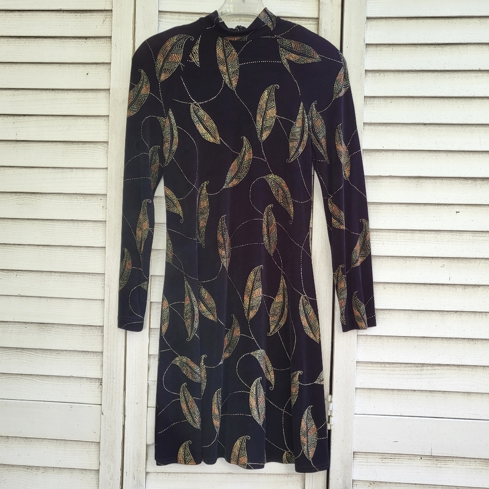 Vintage Creations Joseph Ribkoff Long Sleeve Dress Leaf Pattern Black Gold